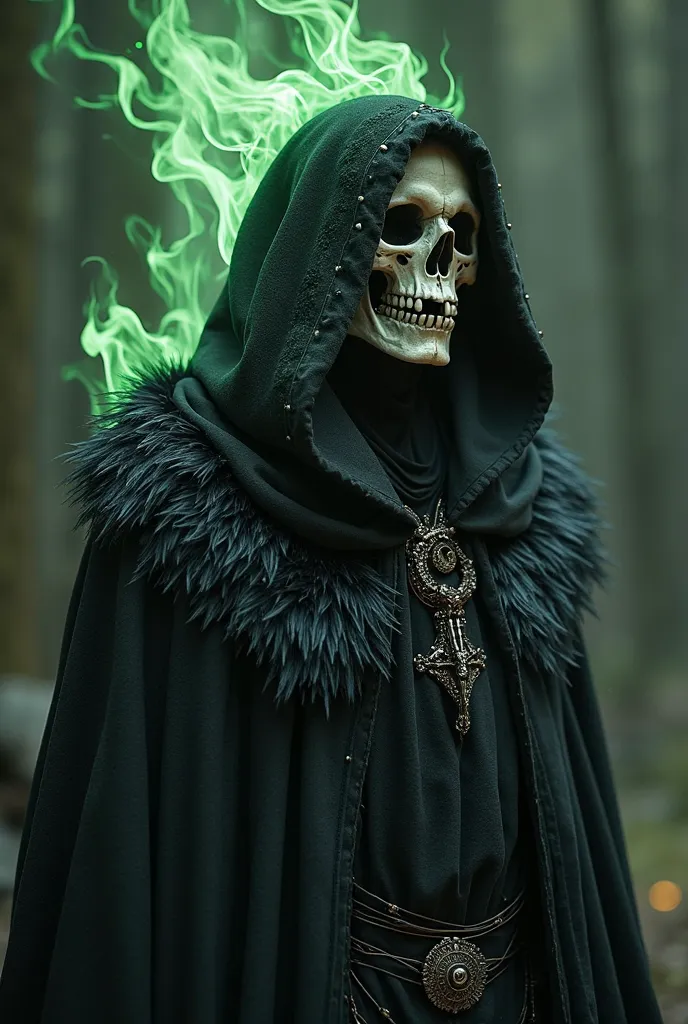 An elegant human skull dressed in a black wolf skin hood in the Ulfednar Viking style with green flames on the back 