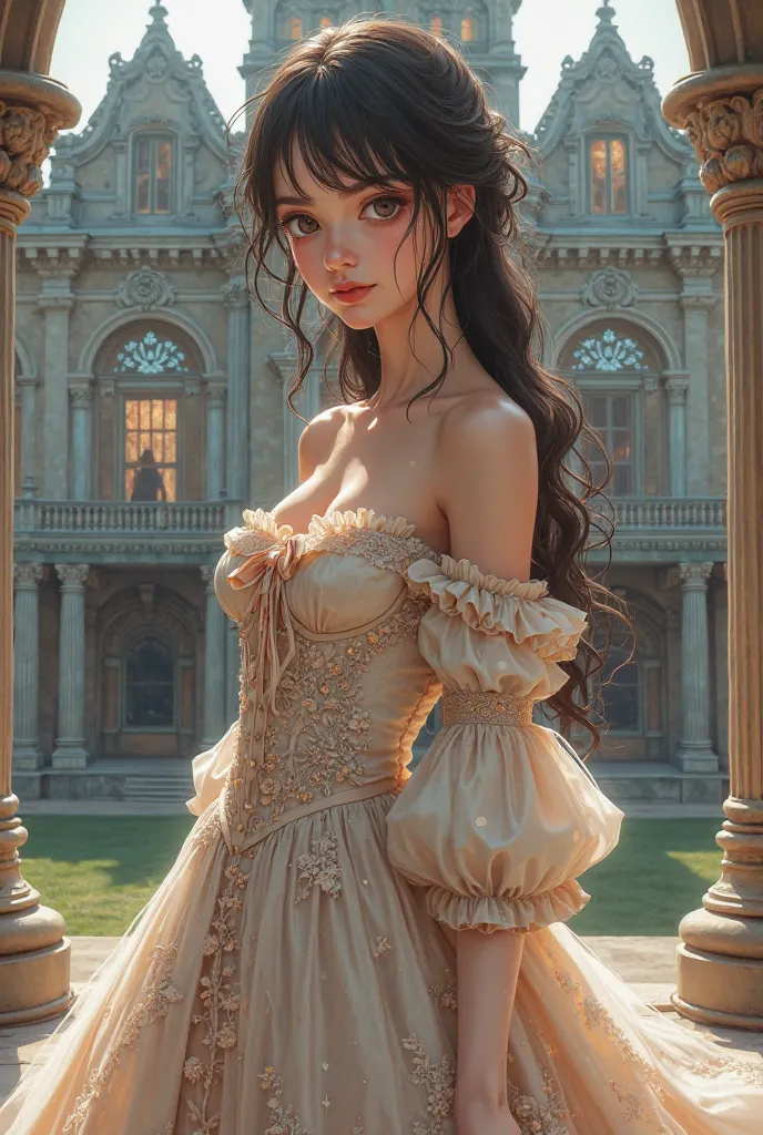 Beautiful manga girl, dressed in European dress from the 1800s, Behind there is a mansion