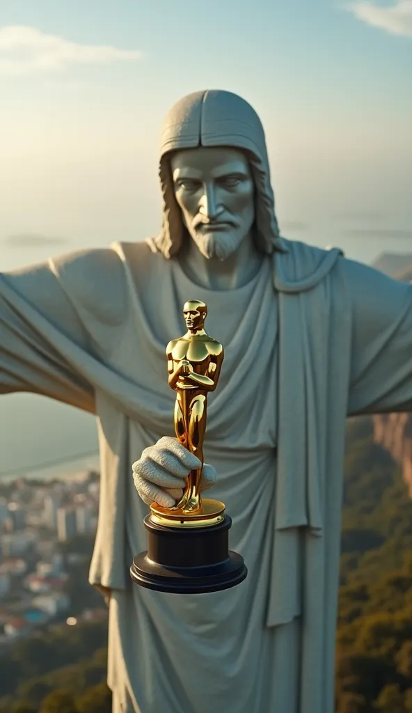 A cinematic aerial view focusing on the face and torso of the Christ the Redeemer statue, with a clear emphasis on the hand as it securely holds a radiant, golden Oscar statuette. The shot is composed to highlight both the intricate details of the face and...