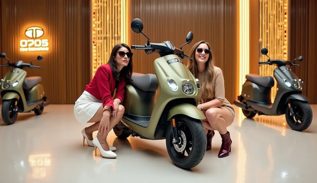 A futuristic indoor showroom with a luxurious ambiance, showcasing the 2025 Tata Electric Scooter. The scooter has a modern, matte olive-green body with a sleek black seat, dual round LED headlights, and a sturdy frame. Two more identical scooters are disp...