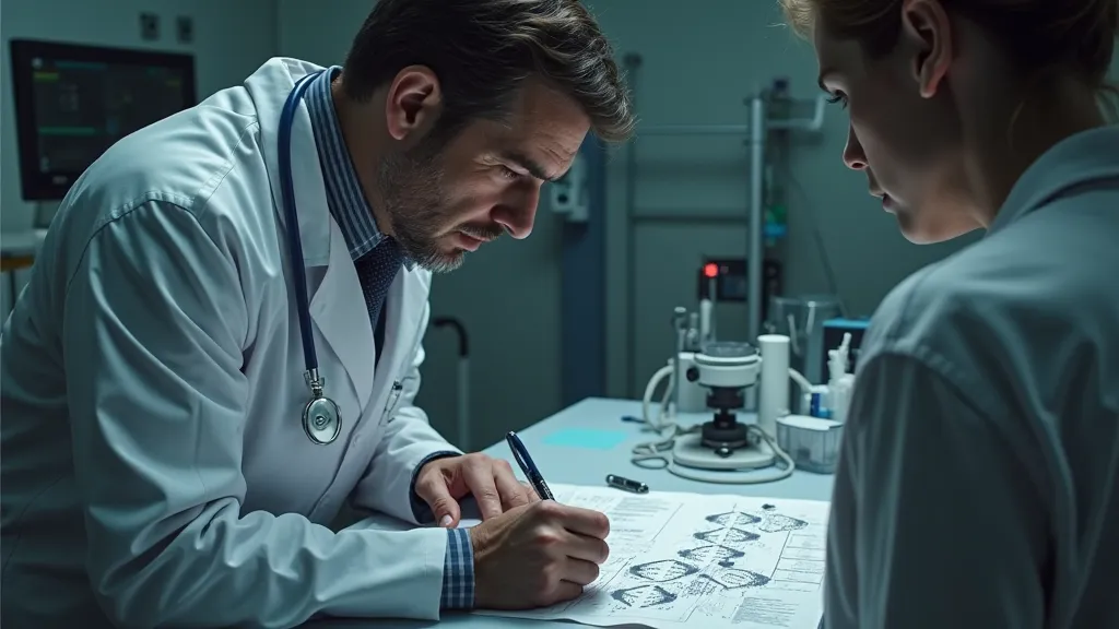 A doctor examining a medical chart with a genetic diagram, while a patient looks concerned, symbolizing the likelihood of inheriting a health condition.

