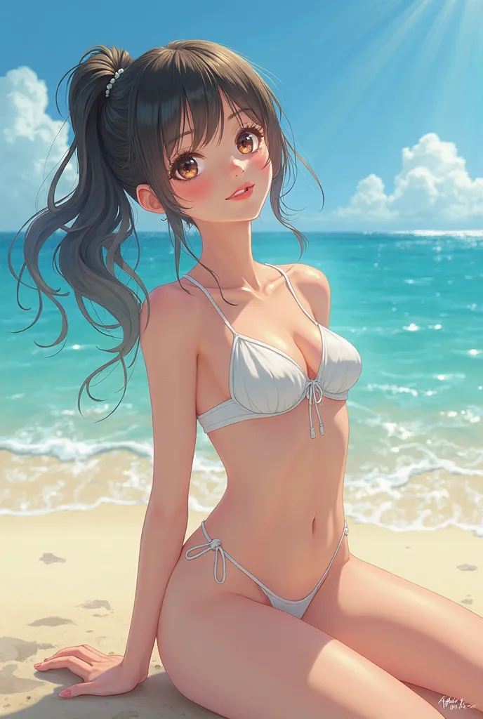 An anime girl on a beach without a bikini