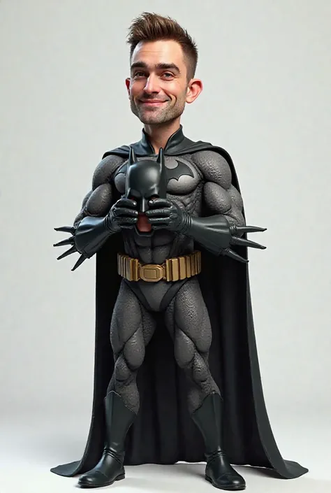 Create a 3D digital caricature of a white male with short hair and an athletic, muscular, yet naturally proportioned build. He should be dressed in a black armored Batman suit inspired by Robert Pattinson’s version. The character must be standing straight,...