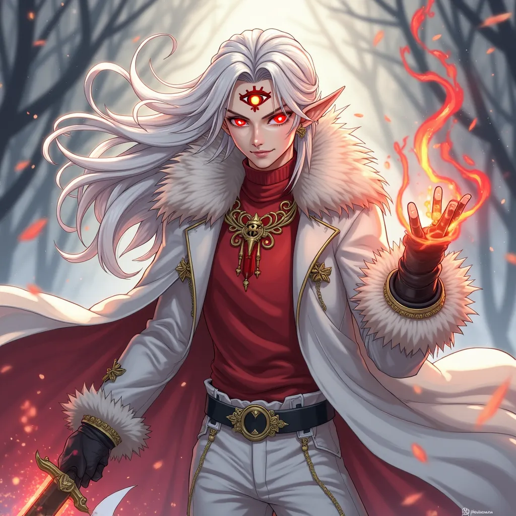 Elf legendary male hero ,youthful looking , with long white hair,  red glowing eyes , cloak with a smirk and red cloud tattoos on his face with an earring in the shape of an eye in the ear, there is a third eye on the forehead with a golden pupil , dressed...