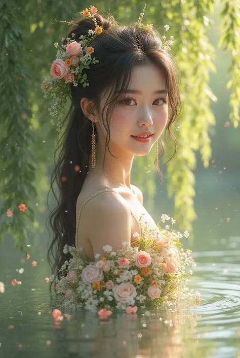 I need the image of a spring girl, it doesn't have to be a person, but this is a, who is turned to the viewer in profile,  waist-deep , whose hair goes into the branches of a weeping willow, and the dress is made of flowers, is a female image dissolving in...