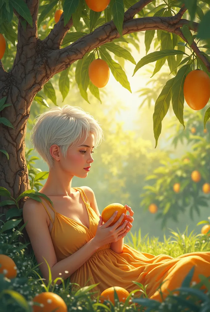  Create an image of a young woman with short white hair eating a mango fruit, under a mango tree ,  Where in the background are mango feet, with the sun's rays illuminating the garden