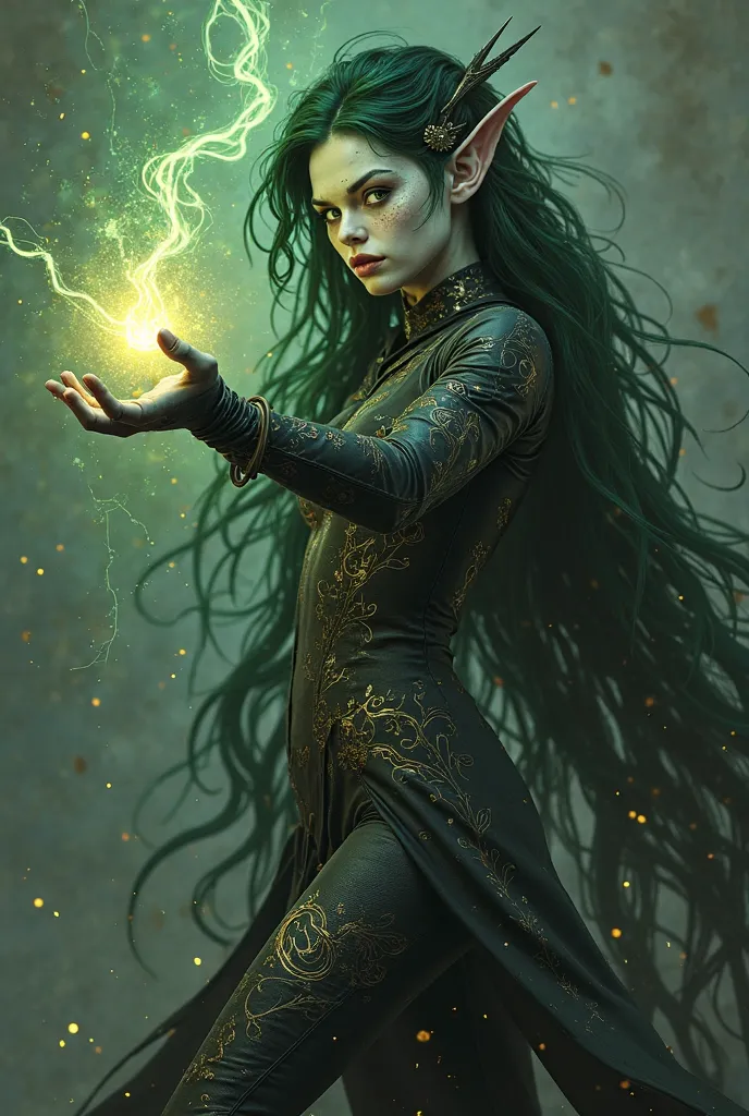 Create a wizard between an elf and an alien, of a woman with very long dark green hair, has white skin like the moon and very big, feline eyes, Under the eyes there are freckles of different colors, is dressed in a tight dark leather suit with gold drawing...