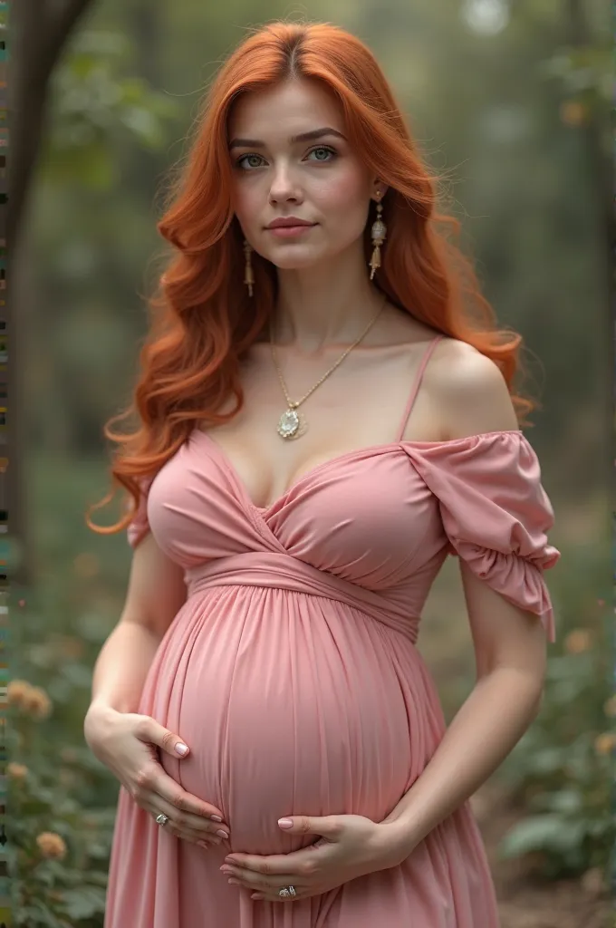 A beautiful woman of 20 years,  she's pregnant, She wears a tight pink dress, long natural red hair in waves, brown eyes.  Realistic image in 8k . realistic image in real 8k