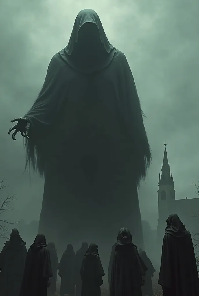 - Visuals: A shadowy, elongated figure of a priest looms over a  or a group of ren. The priest's face is obscured by darkness, but his hand might be reaching out in a menacing way.  The ren look frightened or distressed.  In the background, a church steepl...