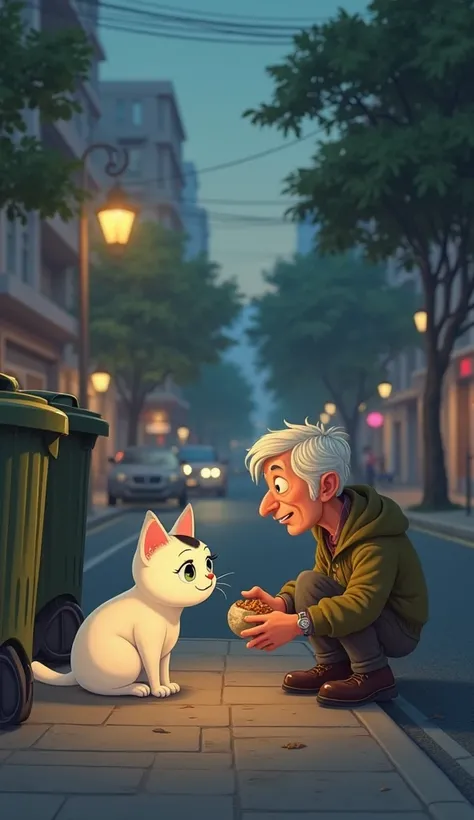 In a quiet city street, Copito, the small white stray cat with a black spot on his forehead, sits by a trash can, looking weary and hungry. A kind elderly man approaches, his face warm with a gentle smile. He holds a small bag of food in his hands, and as ...