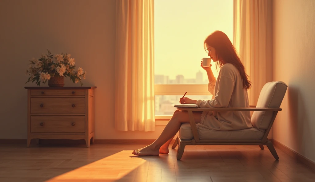 1. A person sitting in a quiet, minimalist room at sunrise, sipping coffee and writing in a journal. The space is clean and intentional, with a warm glow from the morning light. The atmosphere reflects clarity, discipline, and control over the day ahead. P...