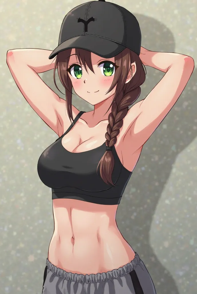 ((Table t○p, highest quality, Lucifer in high resolution,anime screen capture、perfect pixel, 4K))、Not suitable for work、perfect anatomy、(((big boobs、Wide Hips、Wide ass)))、sweat, (((black baseball cap、grey sports bra 、gray sports pants))),( green eyes)、(( s...