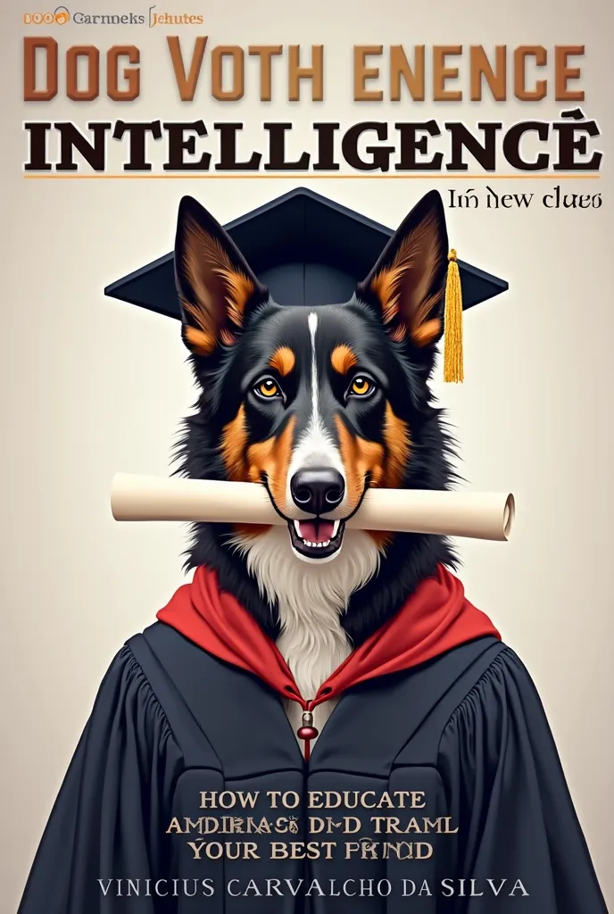 A realistic and modern cover for the book 'Dog Intelligence: How to Educate and Train Your Best Friend' by Vinicius Carvalho da Silva. The central image shows a dog, estilo Border Collie ou Pastor de Malinois, wearing a graduation gown and holding a diplom...