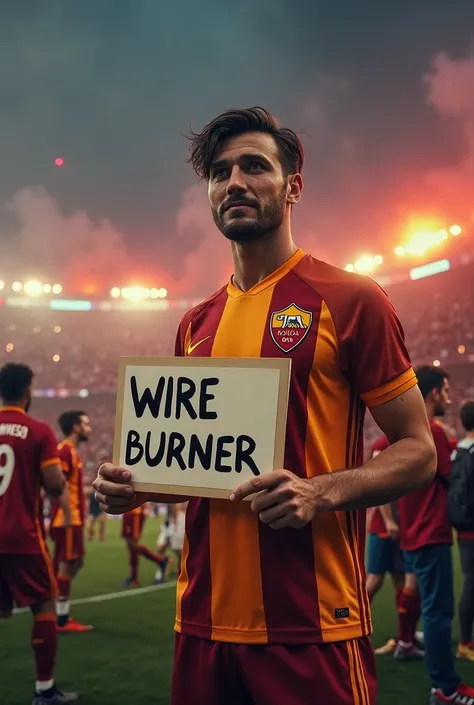 30-year-old man wearing the Roma jersey with a poster with written on it " Call Me Wire Burner"