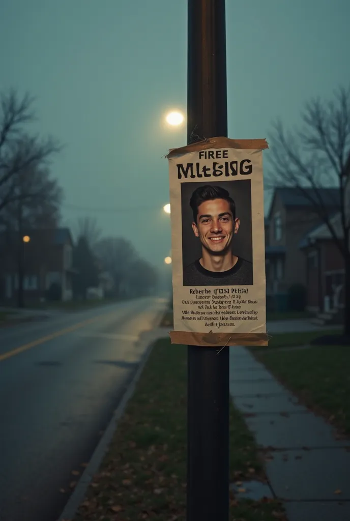 A missing poster of Robert Piest taped to a lamppost, with a photo of the young man smiling. The background is a quiet suburban street, but the lighting is eerie, with a faint fog rolling in. Hyper-realistic, suspenseful, cinematic.