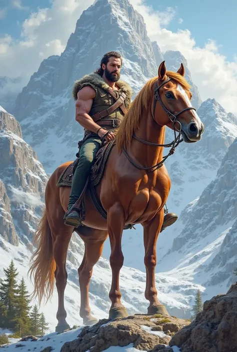 The horse is standing straight There is a man on top of the mountain, he is standing behind the horse with his hands on the horse