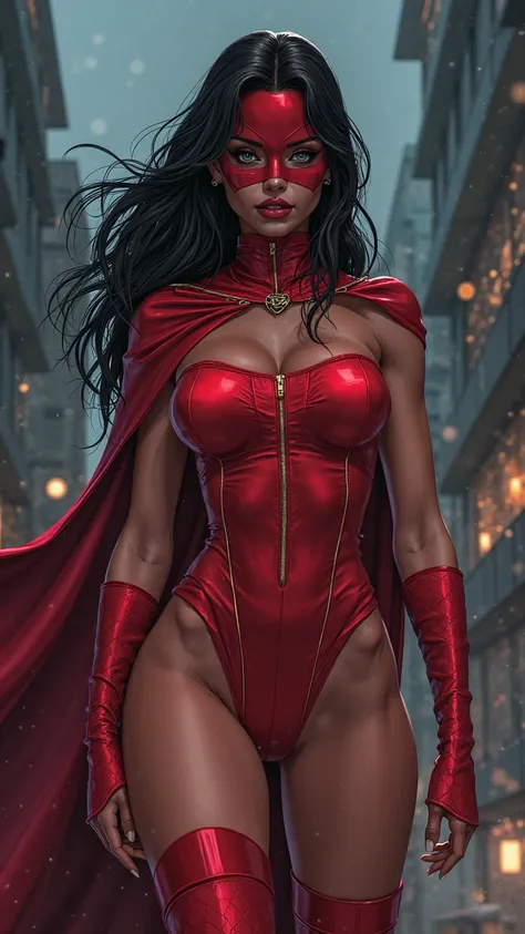 Create a challenging illustration of a super hero called Super Streaper. She is a 22-year-old woman,  2-meter-tall , with a sexy and athletic body. Her story is shocking: she was a night sex worker in Medellín, Colombia, until a serum gave her superhuman p...