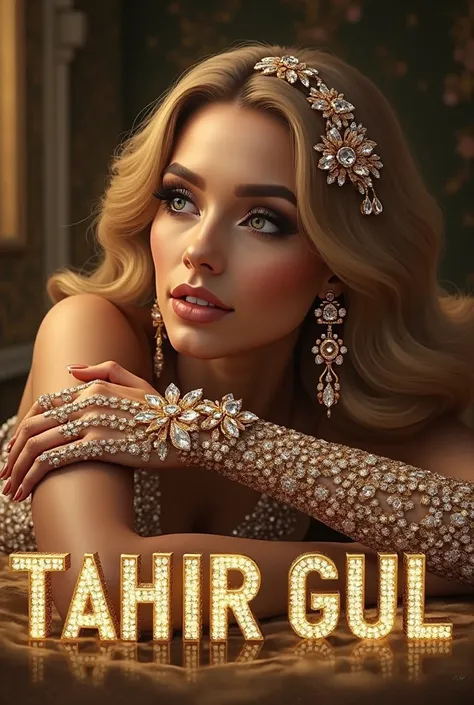 A stunning digital artwork featuring a glamorous women with golden,wavy hair adorned with large ,sparkling diamonds and intricate gold ornaments,Her eyes are large and expressive,with long lashes and a soft,elegant expression.She is resting gracefully on h...