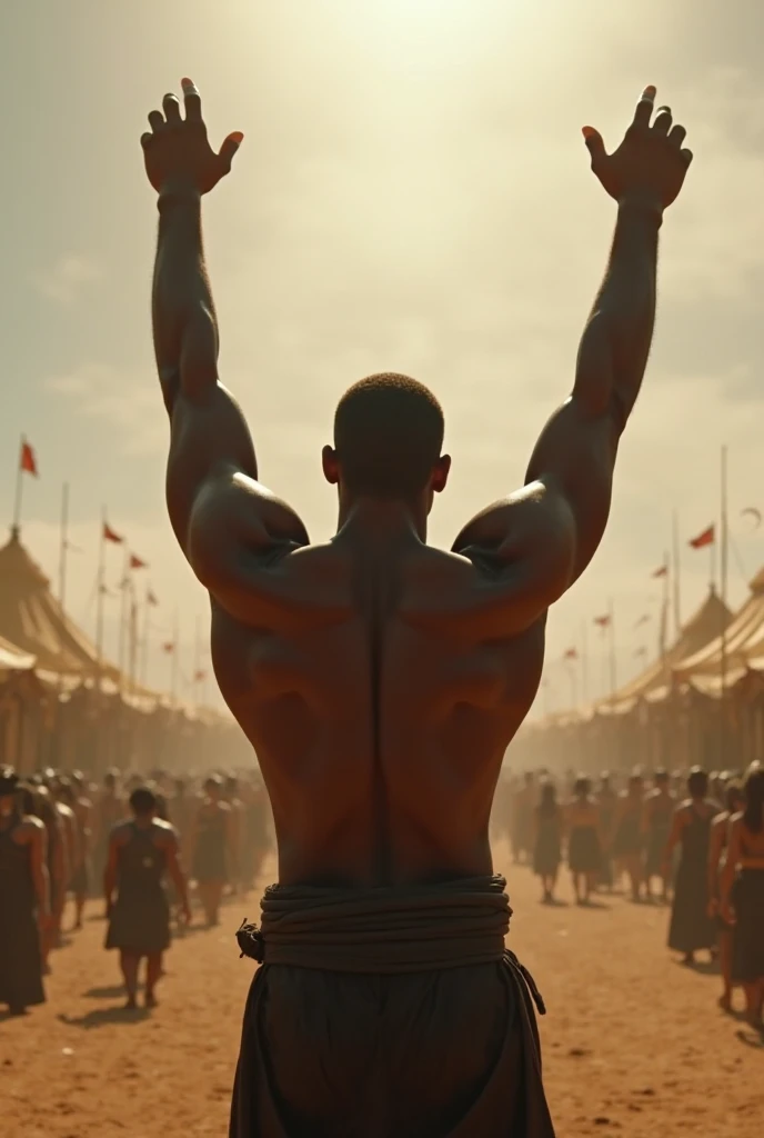 A medium shot of a dark-skinned man, likely in his 20s or 30s, with a muscular build. He is seen from the back, with arms raised high above his head.  His back and upper torso are visible, showcasing significant muscle definition.  He is wearing dark, poss...