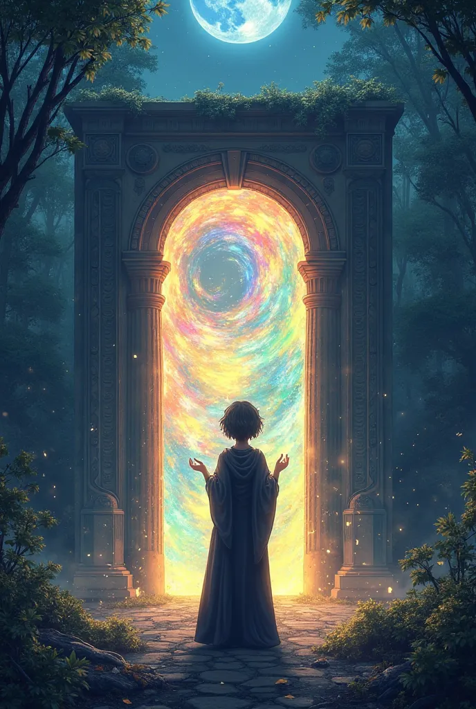 In a moonlit forest, a colossal glowing portal resembling the grand gates of ancient architecture stands majestic, swirling with a rainbow-colored vortex. A girl in a dark robe stands before it, whispering incantations. With her hands clasped together and ...