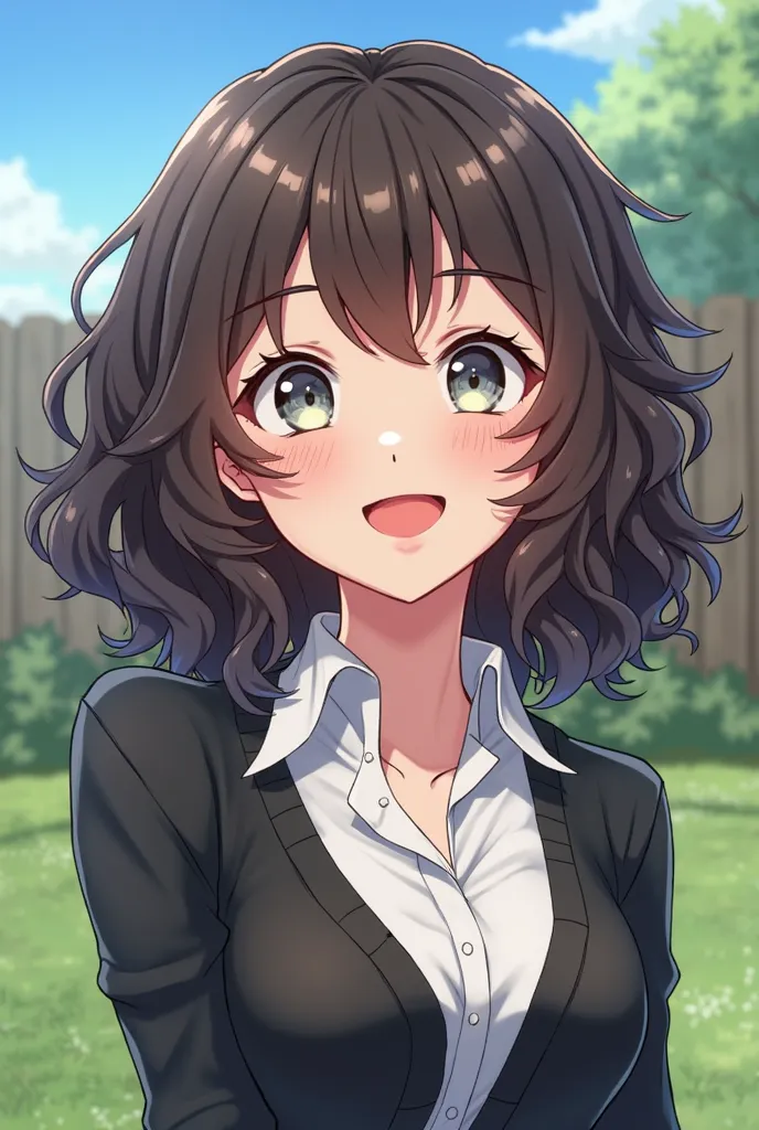 but anime-style illustration inspired by Frieren: Beyond Journey's End a girl she has a beautiful open and expressive smile,  transmitting joy.  Her skin is light and soft ,  with a healthy and natural tone .  her hair is dark brown , curly that go up to t...