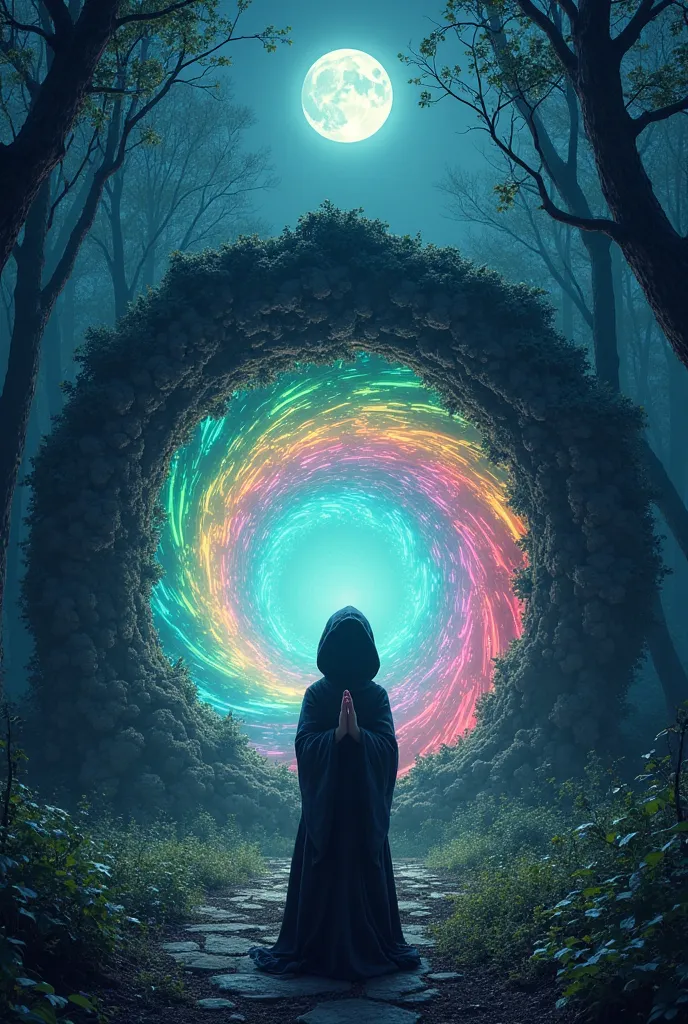 In a moonlit forest, a mysterious, enormous portal stands like the gateway of ancient architecture. Its swirling, rainbow-colored vortex casts an eerie glow in the darkness. A girl in a dark robe with a hood stands before it, hands clasped together. Her ey...