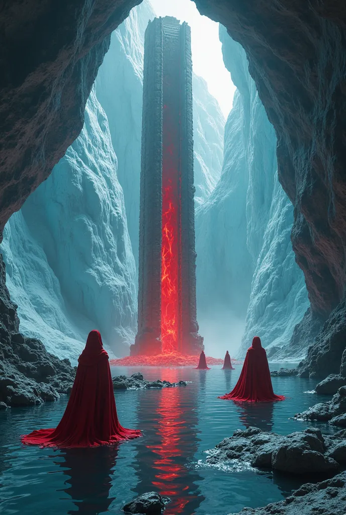 Underground huge glaciar cave, shallow water. Priestesses hooded in red standing in water looking like almost floating. A big ancient pillar in the middle, emanating light. In the middle of the pillar red-blood-like liquid glowing.