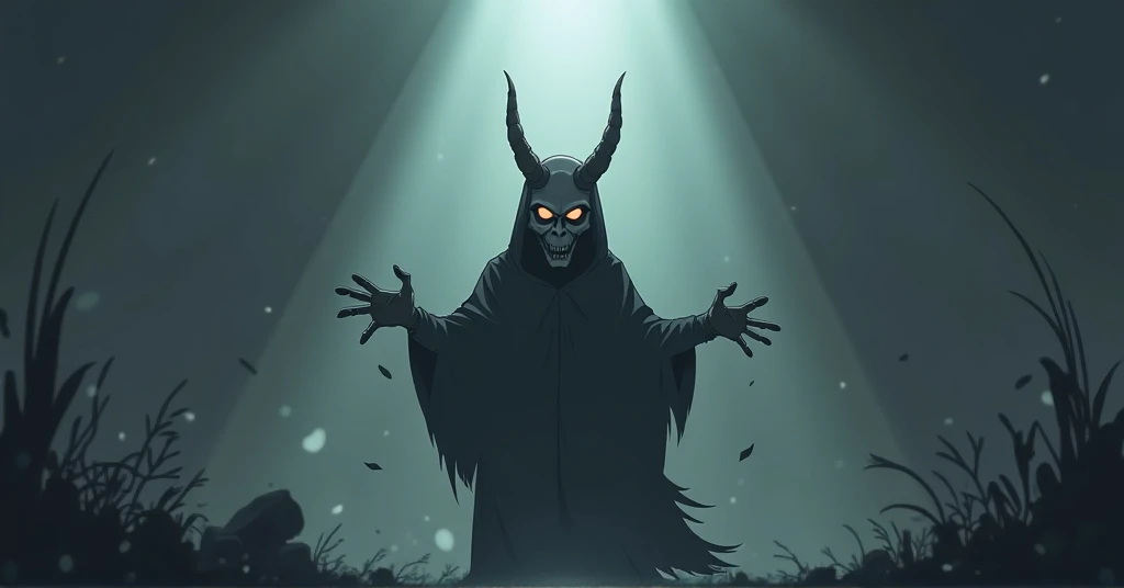 Create a cartoon-style image of Satan, with a clinical, defiant expression. He is portrayed as a shadowy figure, but with more subtle features, such as dark clothing, perhaps a cloak, and piercing eyes that convey sarcasm and malice. It is in a dark and fo...