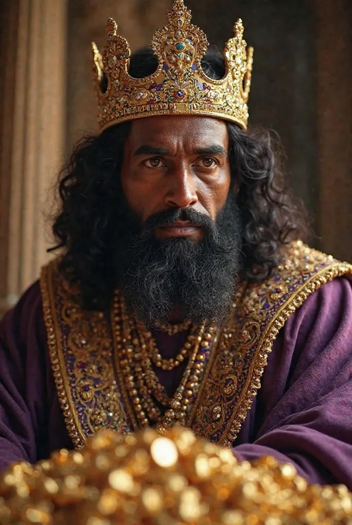 An image Highly realistic cinematography of King Solomon, inspired by the biblical description.  He is a dark-skinned man , a thick beard and wavy dark hair, with a wise and serene look. It wears a golden crown richly ornamented with precious stones and a ...