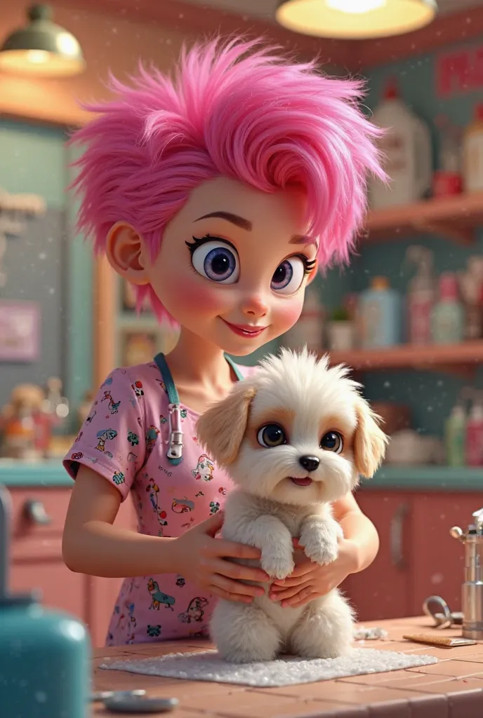 Dog stylist with pink hair bathing a little dog 