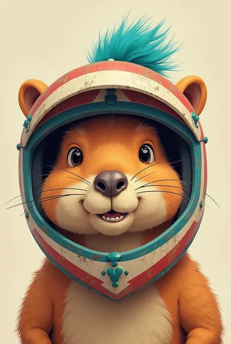 A capybara looking from the front, smiling, wearing a motocross trail helmet. With a turquoise tuft on the forehead and coming out of the helmet. Make this drawing in vintage fun art style.