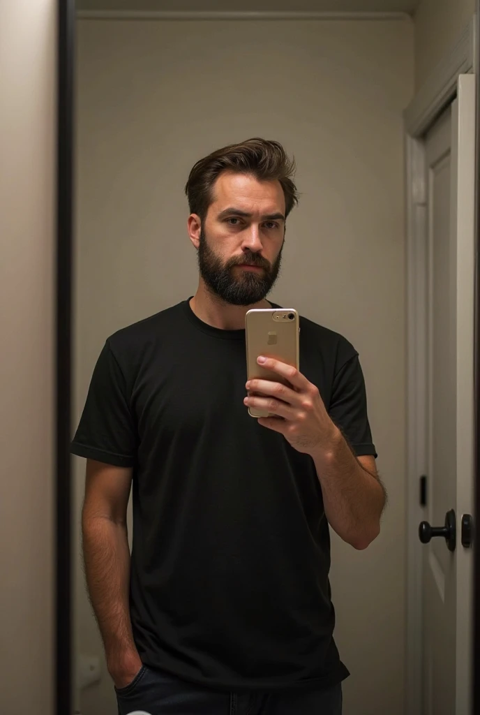 arafed man taking a selfie in a bathroom mirror, a picture inspired by Raphaël Collin, pexels, minimalism, with a beard and a black shirt, wearing a black t-shirt, wearing a black tshirt, wearing black tshirt, he is wearing a black t-shirt, selfie of a man...