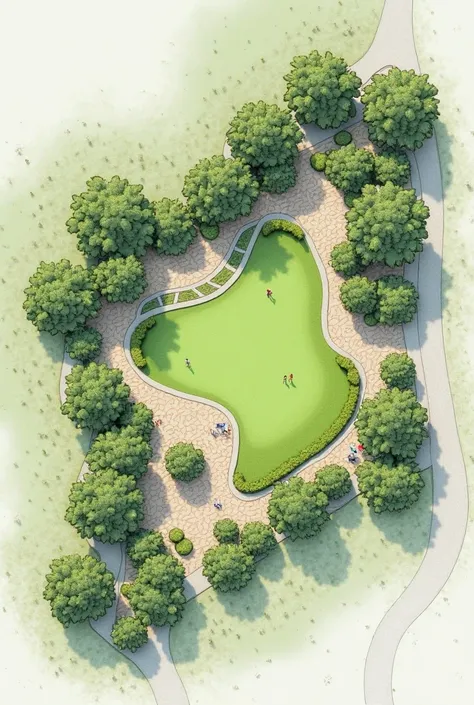 Can you make me a park design in plan view on the next block or architectural plot that is painted green in the following image (The figure that looks like a triangle). Keep in mind that this image corresponds to an architectural urban plan in plan view. T...