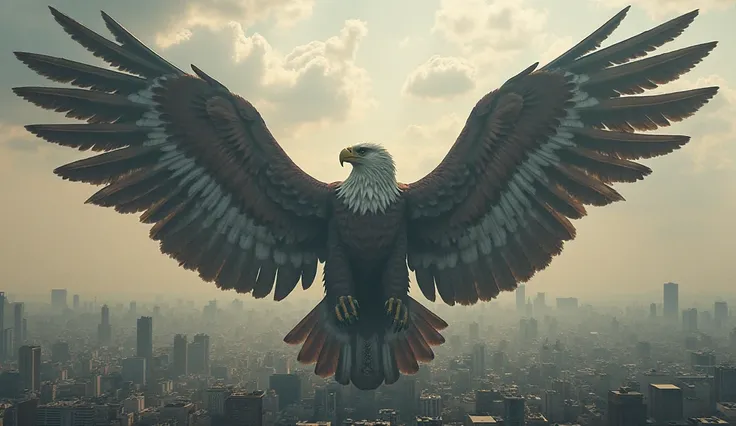 ULTRA-REALISTIC IMAGE of a gigantic Two-Headed Eagle, with wings spread over a city.  convey depth .