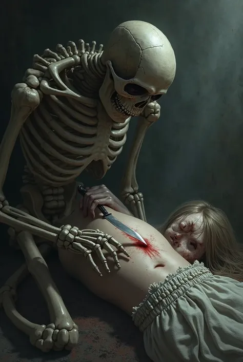 Generate skeleton who stabs a girl in her belly button a knife. Only the swallow of the knife can be seen from the abdomen. It's already been stabbed in the navel.