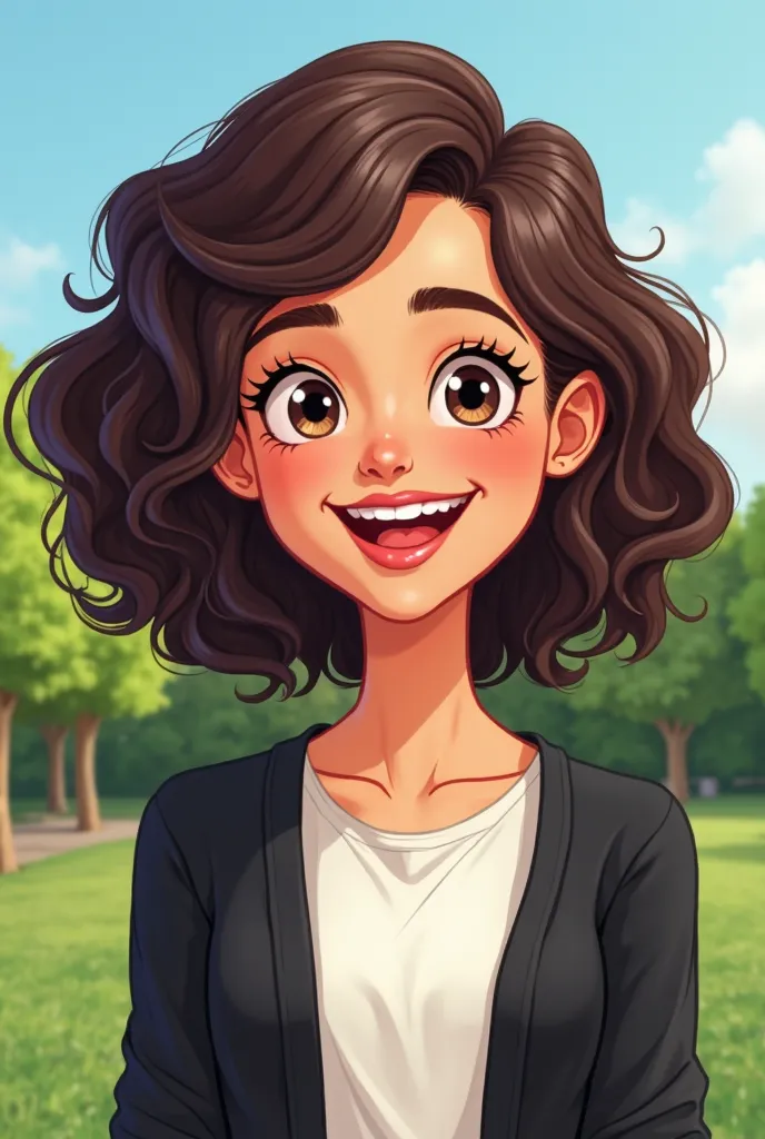 an illustration in well-lit cartoon style:  a girl she has a beautiful open and expressive smile,  transmitting joy.  Her skin is light and soft ,  with a healthy and natural tone .  her hair is dark brown , curly that go up to the shoulders, leaving the f...