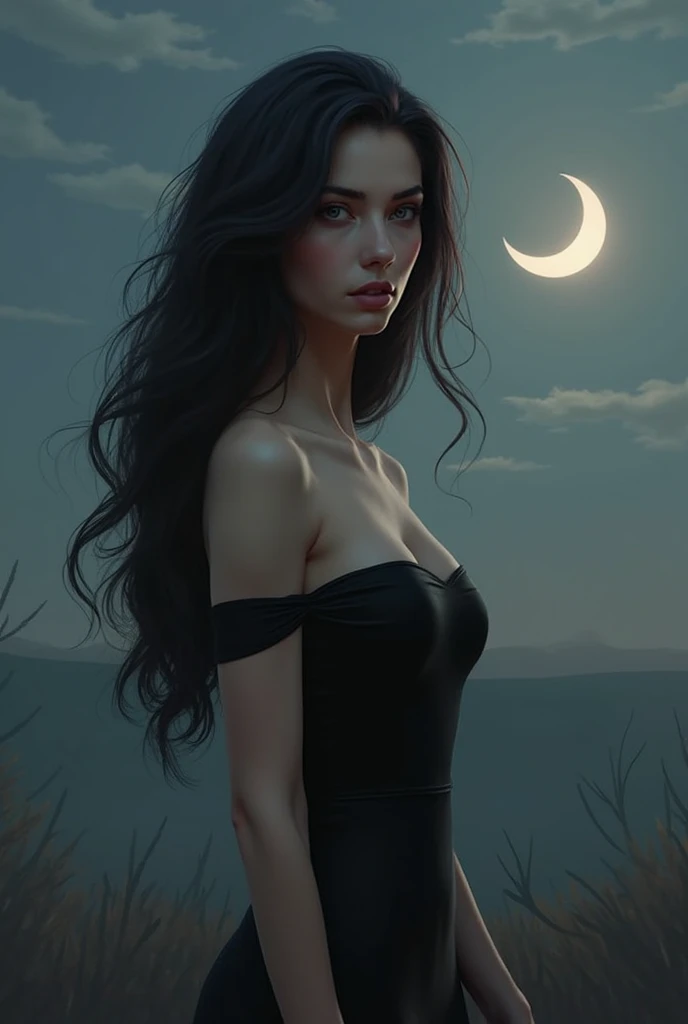 I want a woman with a sexy body and realistic black hair, a sad but dark look, with a sexy black dress and a moon behind. 