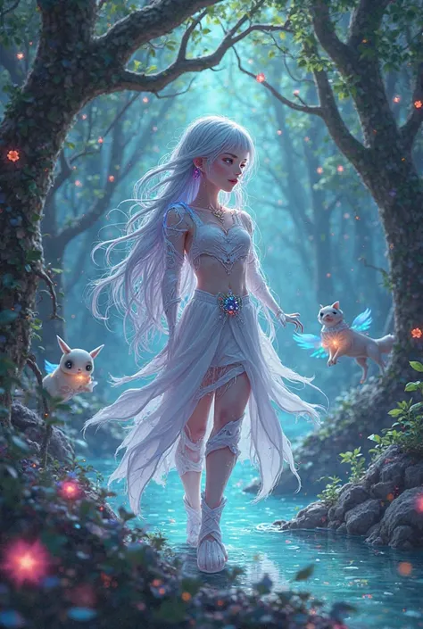 Create a highly detailed 3D hand-drawn illustration of ZER0, a young girl embodying the essence of nature and magic in a fantastical world. ZER0 should stand in the heart of an enchanted forest, surrounded by towering ancient trees with luminous leaves tha...