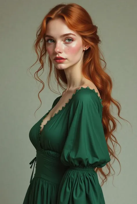 Light Auburn hair, green eyes, freckles over her nose. A dimple on her right cheek. High cheekbones, full lips. Tall and slender. Soft curls. Royal green dress. 