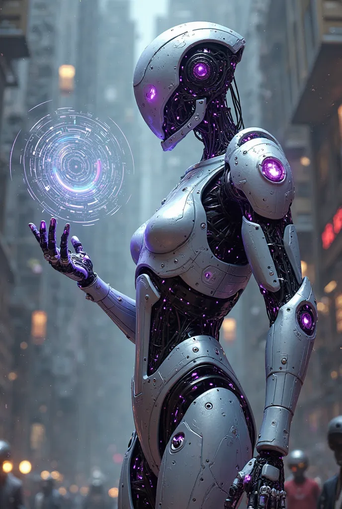 masterpiece, View of the back of a robot, The robot has metallic colors and purple details, touching circular and square holograms in the air.
