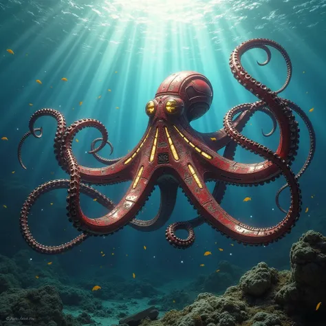 Ful altra hd image,A colossal octopus with sleek metallic red and gold armor, inspired by Iron Man, resting deep underwater in the ocean. Its tentacles are a fusion of organic form and advanced technology, glowing with arc reactor-like energy at the tips. ...