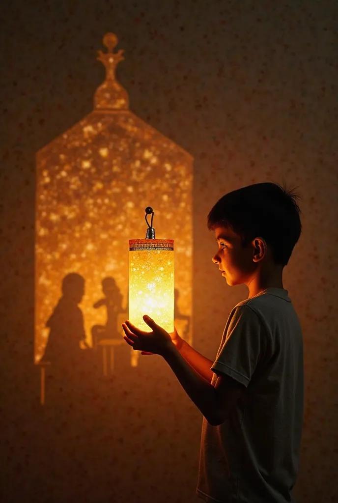 A young boy holds a glowing Ramadan lantern in his hands, standing in front of a wall at night. The lantern emits a warm golden light. As he gently moves the lantern, the light reflection on the wall transforms into magical scenes: a family gathering for i...