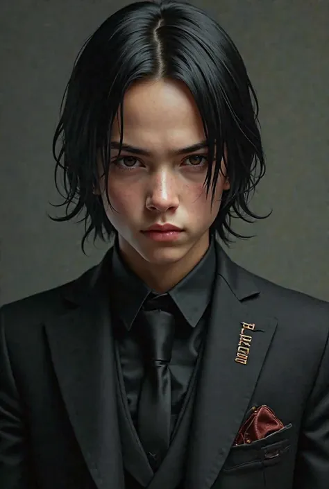 Create me an image of :  boy wearing  John Wick suit and on the clothes has name " BENJAMIN".
-face: assassin
-black hair, 
-hair style : slicked all the way back.