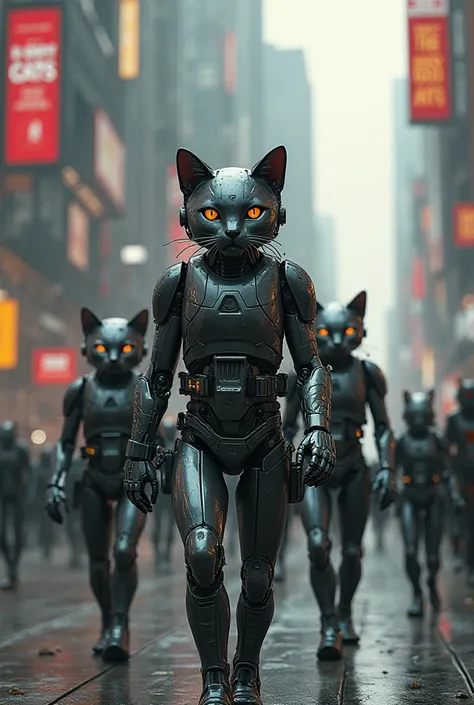 Orange cat, A group of robotic cat police patrolling the streets, humans bowing to their cat rulers, posters on buildings saying 'Obey the Cats', futuristic dystopian city, cinematic, ultra-HD