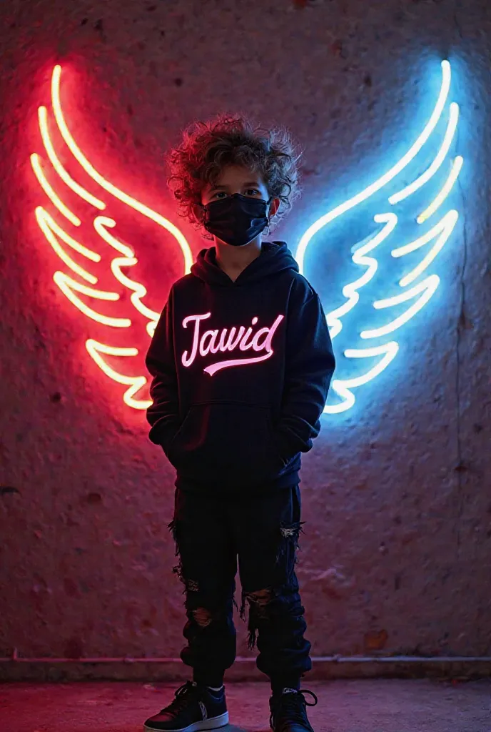 a s American boy confidently against a dark wall, illuminated by a vivid neon. They wear a black hoodie, black joggers with the text “Jawid ”clearly written in neon light on hoodie and also wearing a face mask and looking so cute,stylish hair with their ha...