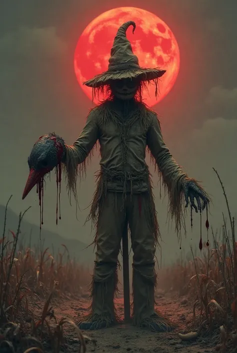 Create a scarecrow with a pointed hat in your hands a bird's head dripping blood amidst a dry plantation and a blood moon