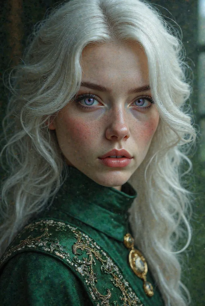 realistic human, with white hair,  pale skin , Slightly flushed cheeks, violet eyes, female Slytherin uniform (Harry Potter).