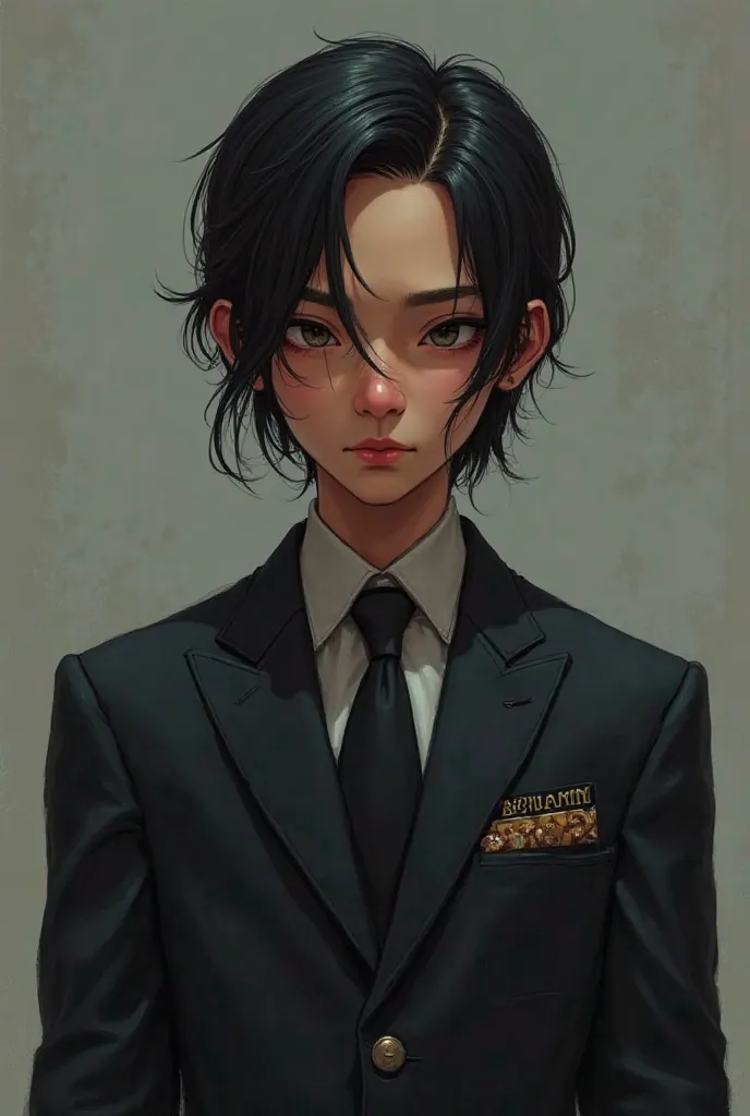 Create me an image of :  boy wearing  John Wick suit and on the clothes has name " BENJAMIN".
-for the face I want asian's face..  a little bit black.
-black hair, 
-hair style : slicked all the way up.