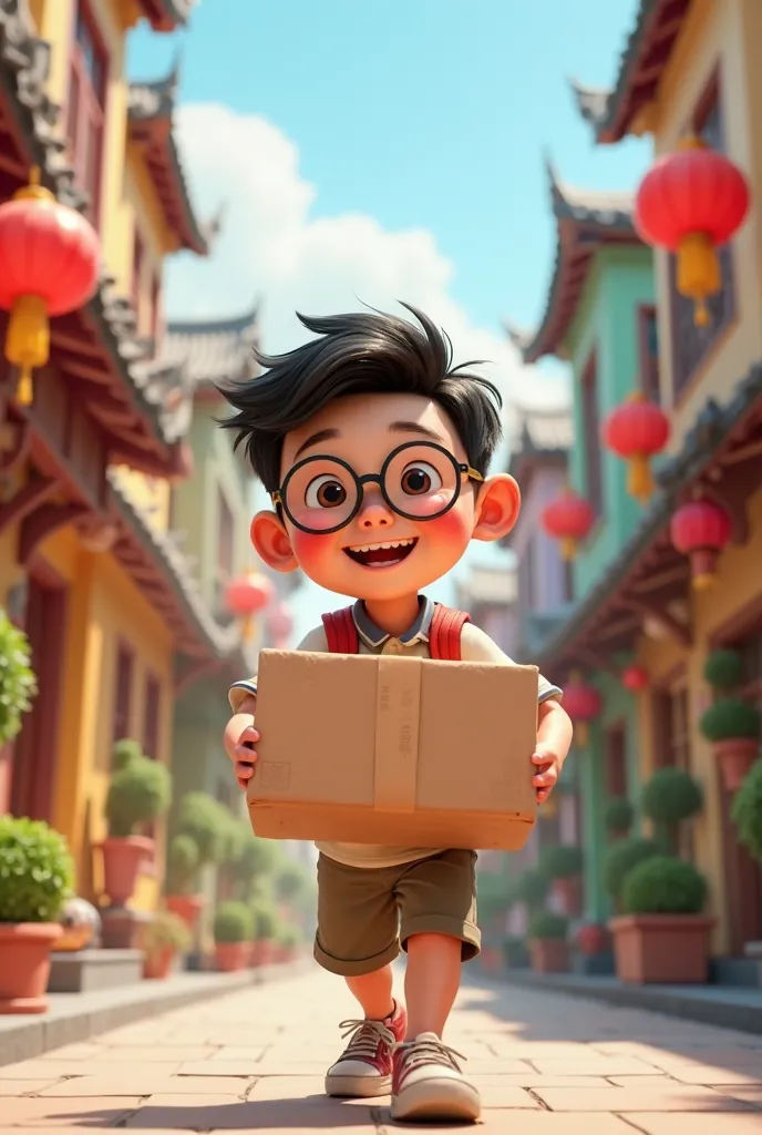 Generate Pixar-style images of a happy Chinese boy  wearing glasses with a package in his hand delivering 