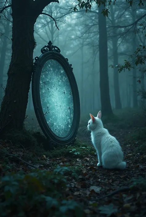 A clear ultra hd dynamic image of "A dense, eerie forest at night, covered in thick fog. A white cat and a white rabbit cautiously approach a large, cracked mirror leaning against an old tree. The mirror has a strange glow, reflecting an eerie, distorted v...